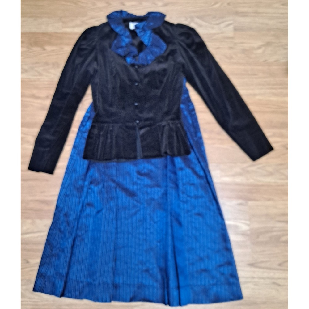 Vintage Two Piece Blair Woolverton Black And Blue‎ Pinstripe Victorian Suit Sz6